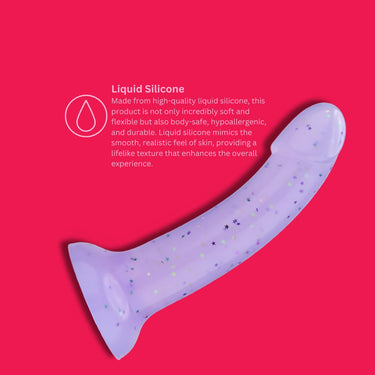 Premium purple liquid silicone dildo illustrating its realistic texture and softness, designed for an enhanced pleasurable experience.